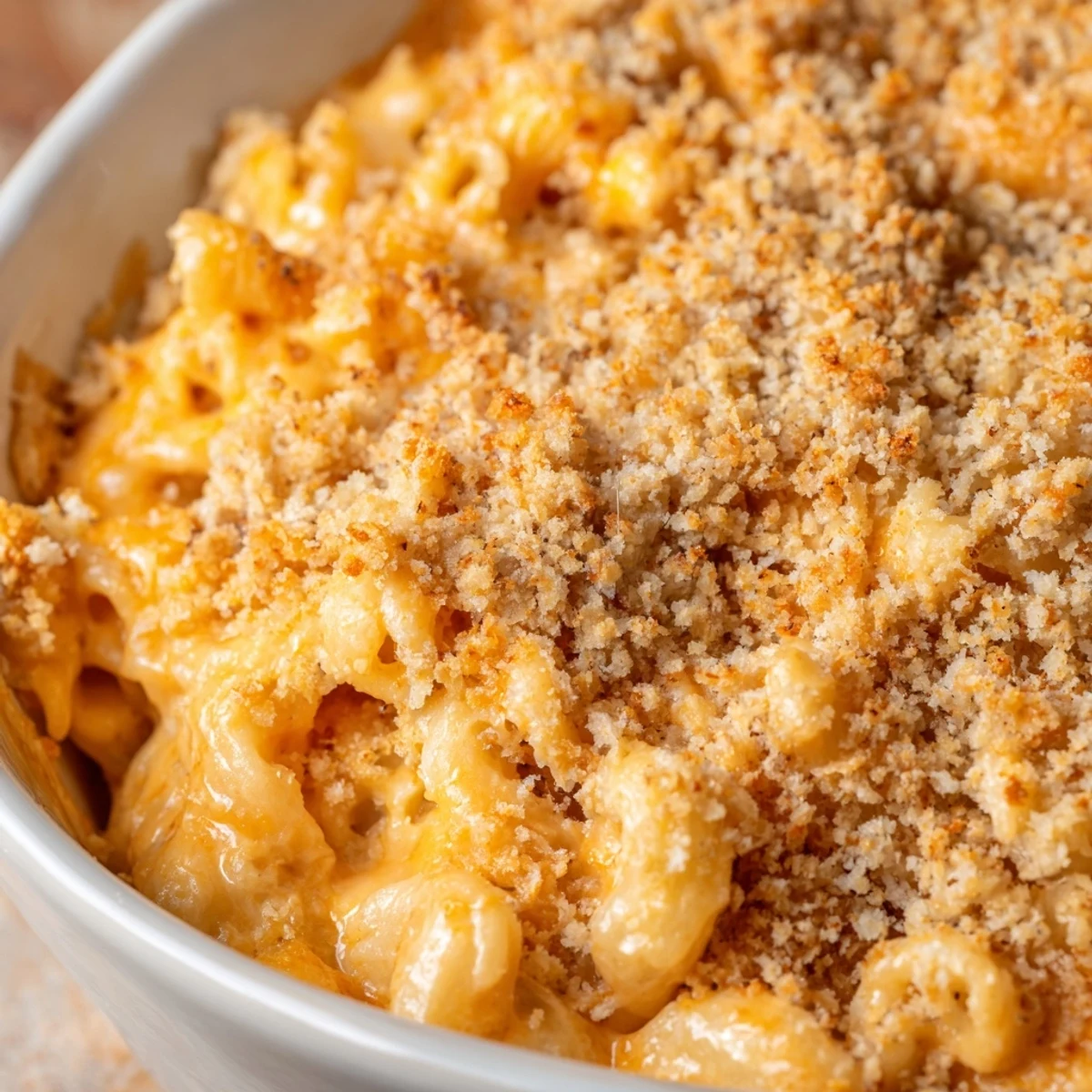 Creamy three cheese baked macaroni with golden panko topping bubbling in casserole dish