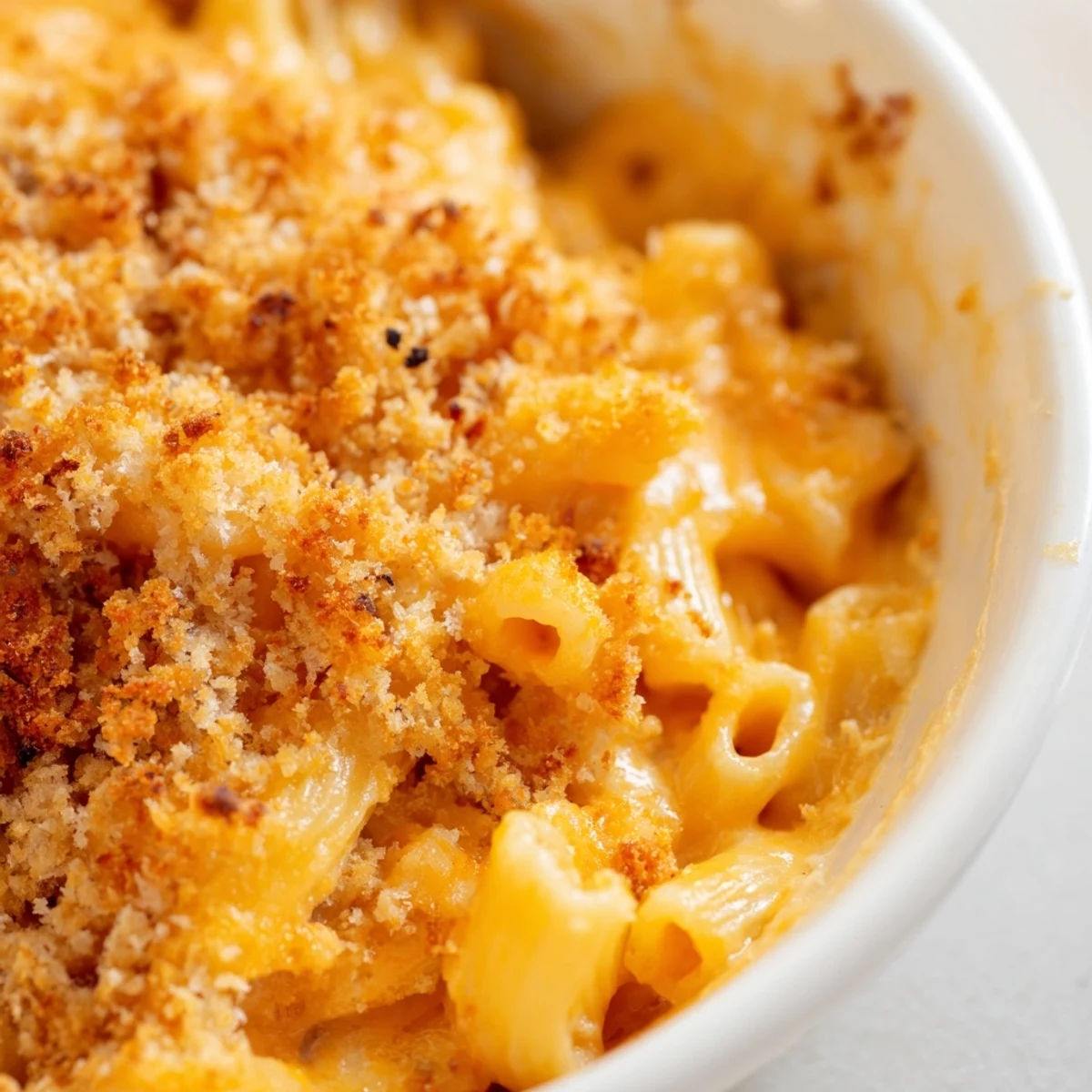 Pasta coated in rich three cheese baked macaroni sauce with melted mozzarella strings