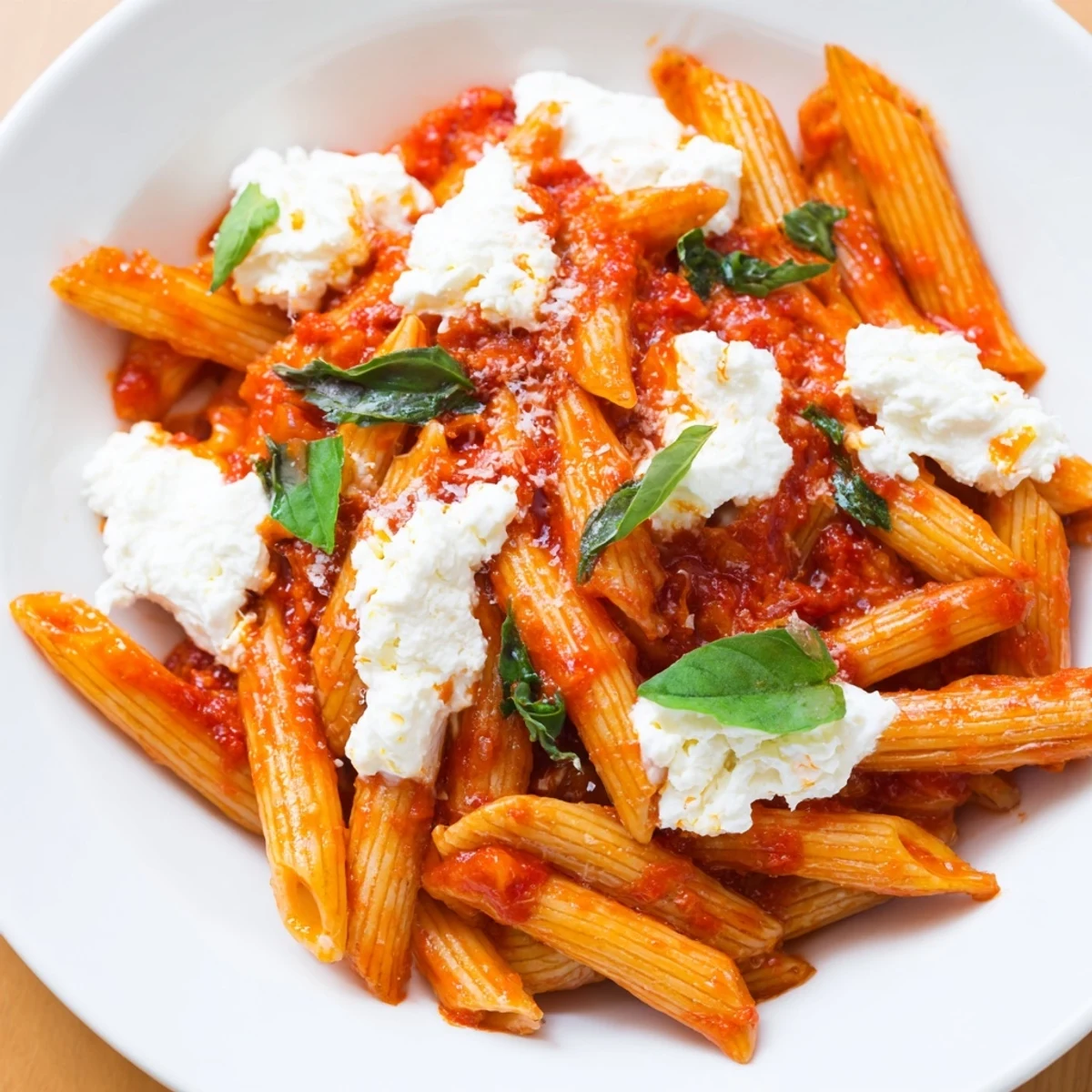 Tomato garlic ricotta penne in vibrant red sauce with pillowy cheese dollops
