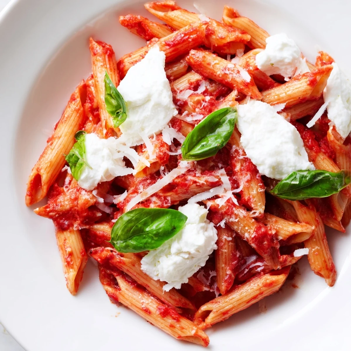 Creamy tomato garlic ricotta penne topped with fresh basil and Parmesan cheese