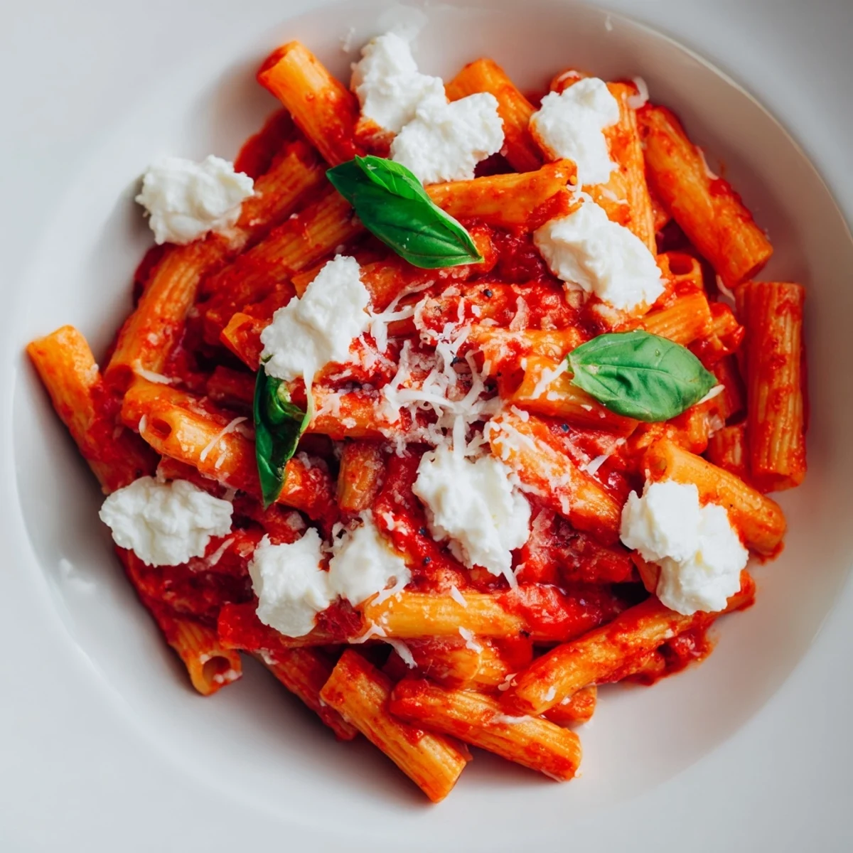 Steaming bowl of tomato garlic ricotta penne garnished with torn green basil leaves