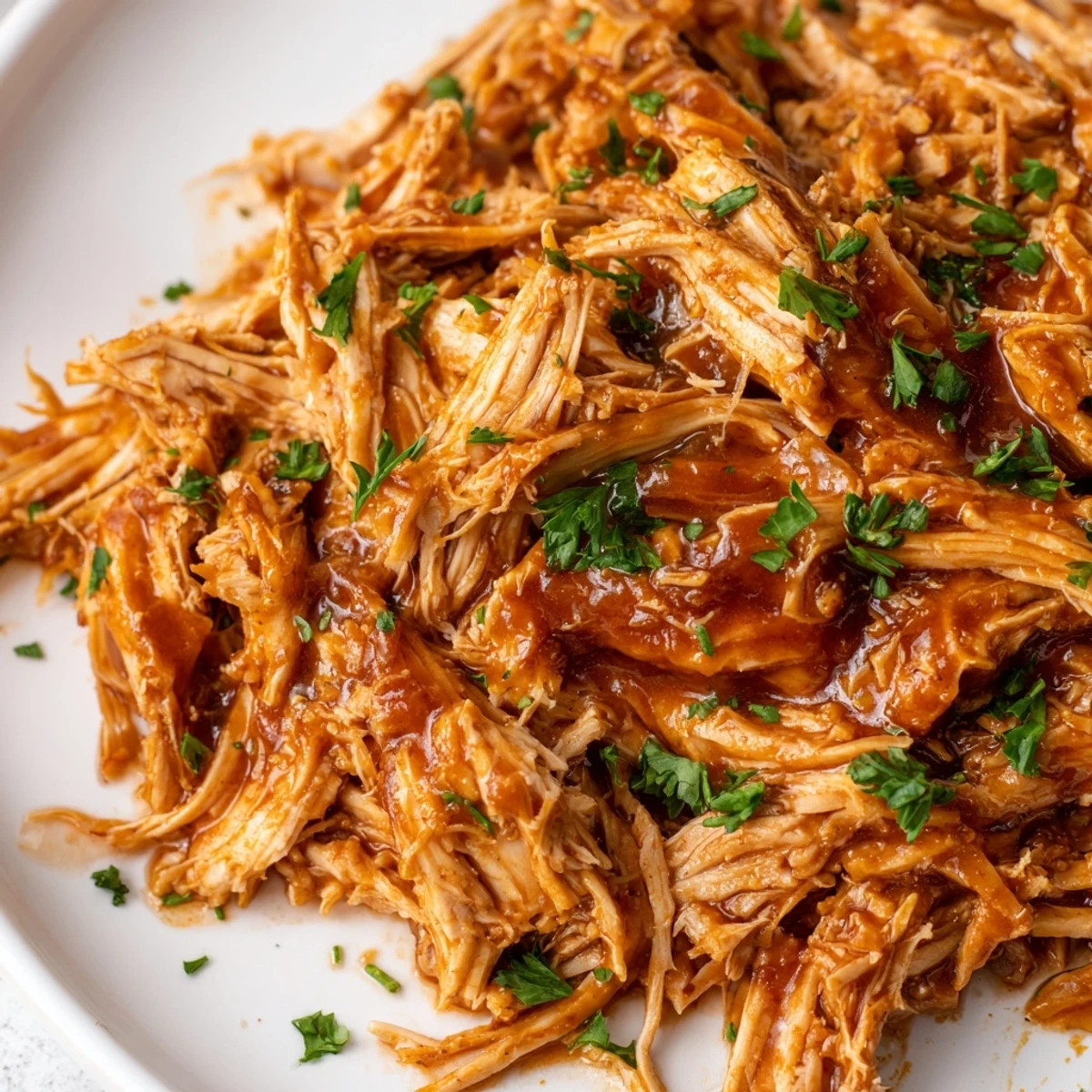 Tender Sweet Baby Ray's Crockpot Chicken glistening with rich, sticky barbecue sauce on a white plate
