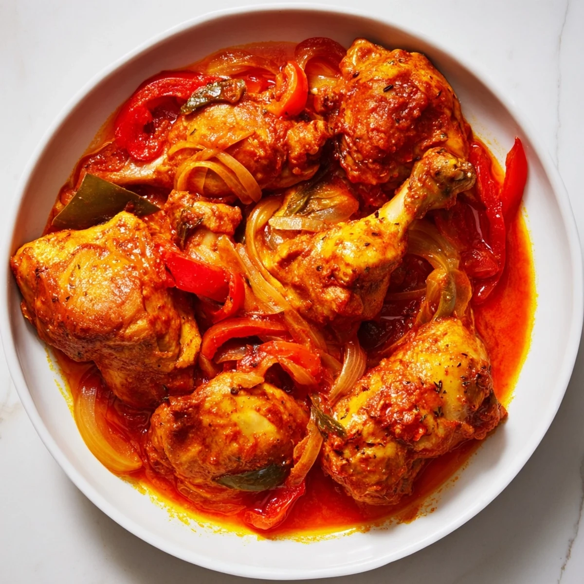 Senegalese chicken simmered in rich tomato sauce with colorful bell peppers and aromatic spices