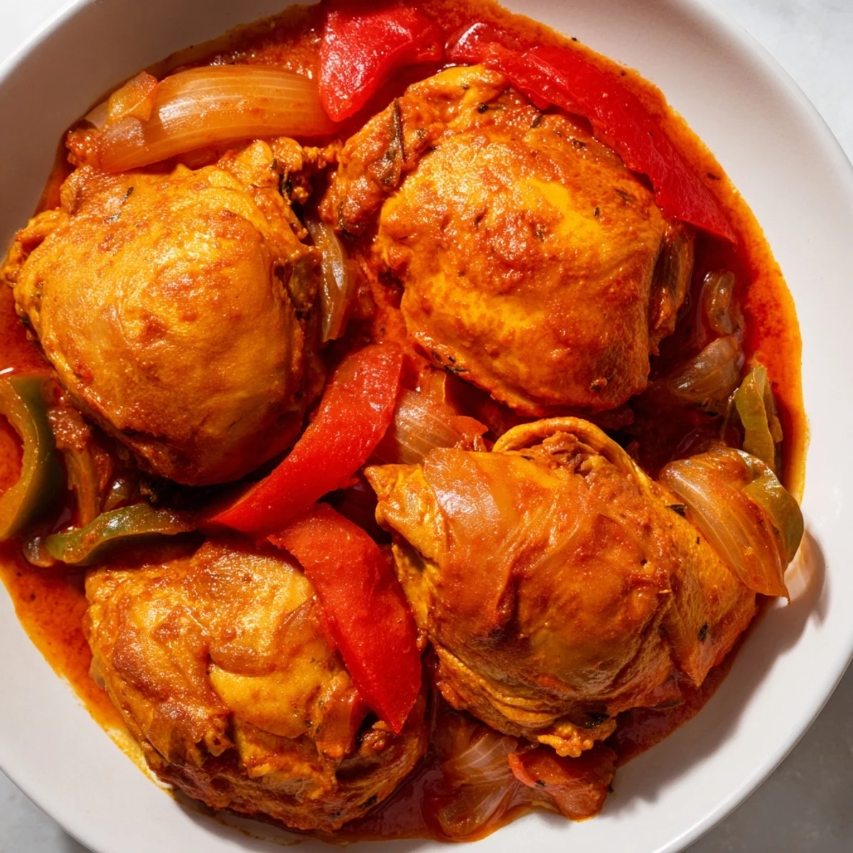 Golden brown Senegalese chicken pieces nestled in thick, savory onion and tomato stew