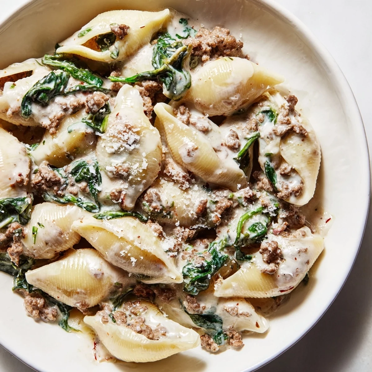 Creamy high protein beef pasta in a white bowl with melted Parmesan and fresh herbs