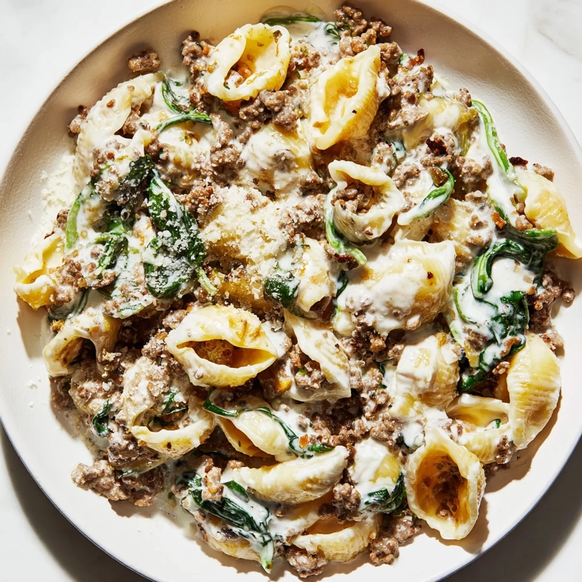 Tender beef and spinach coated in rich sauce over high protein pasta noodles