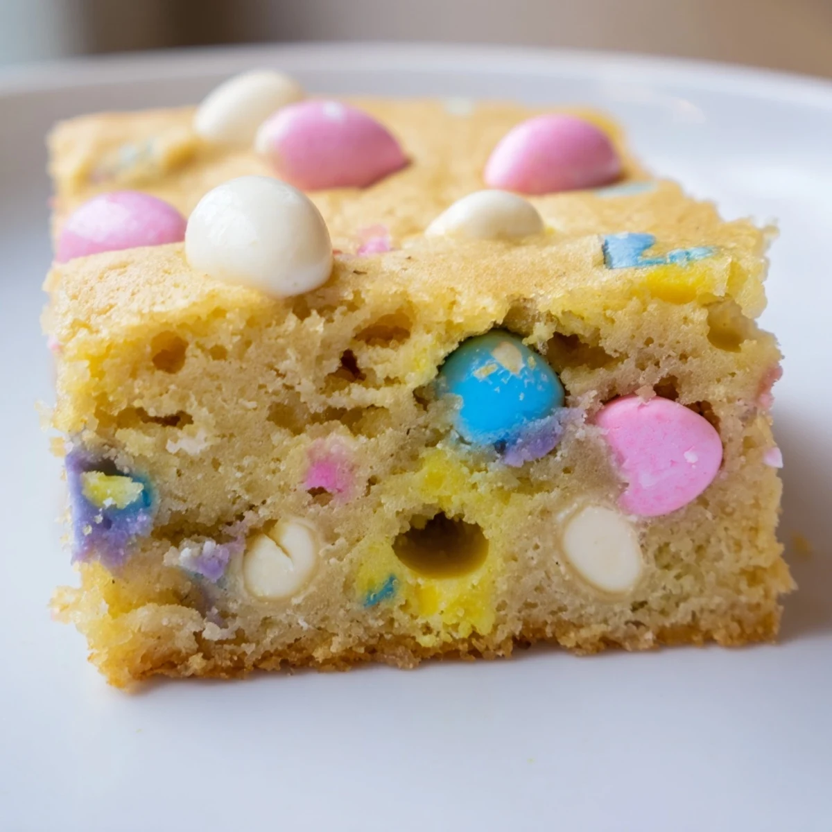 Chewy Mini Cadbury Easter Egg Blondies with colorful candy pieces baked into golden, buttery squares