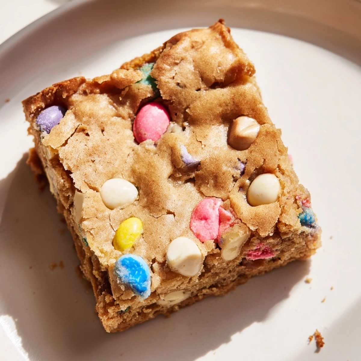Golden Mini Cadbury Easter Egg Blondies studded with pastel chocolate eggs and white chocolate chips