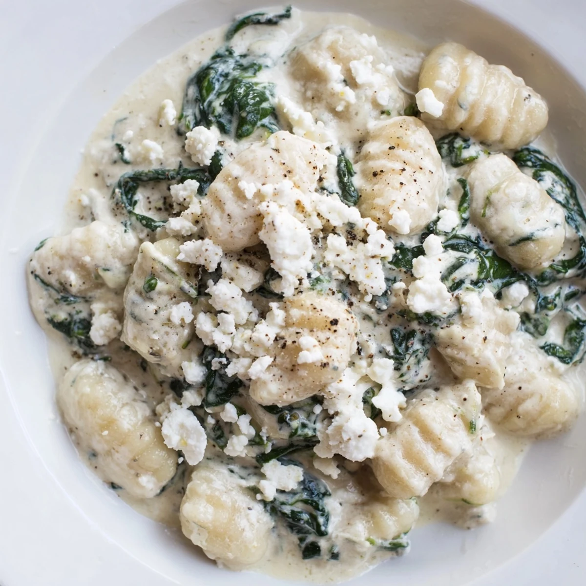 Creamy gnocchi with spinach and feta topped with crumbled cheese in white sauce