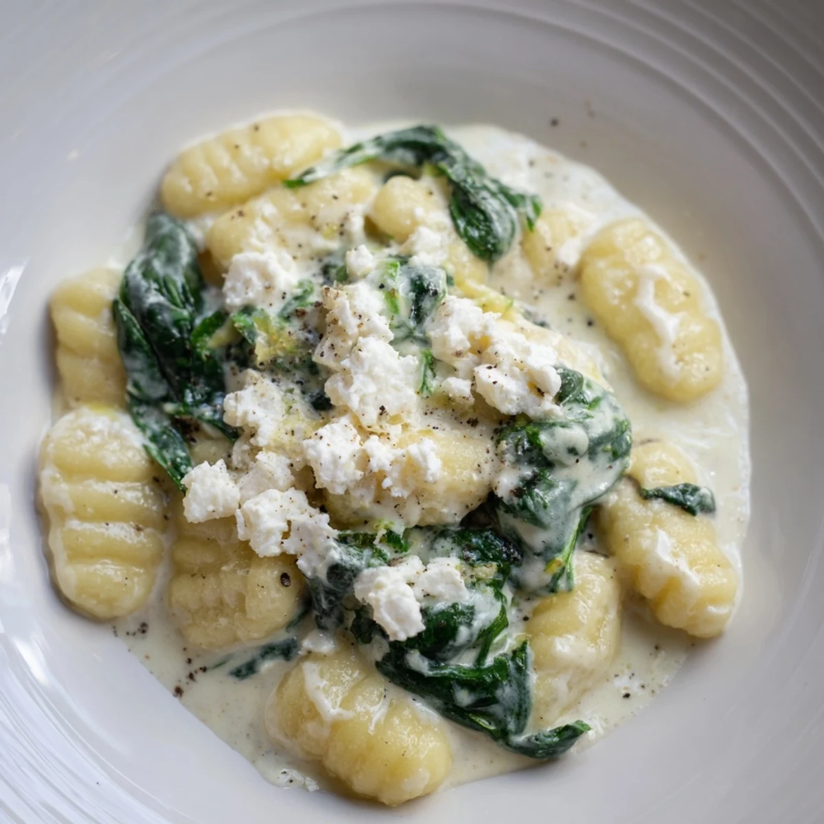 Tender potato gnocchi tossed with wilted spinach and tangy feta in cream