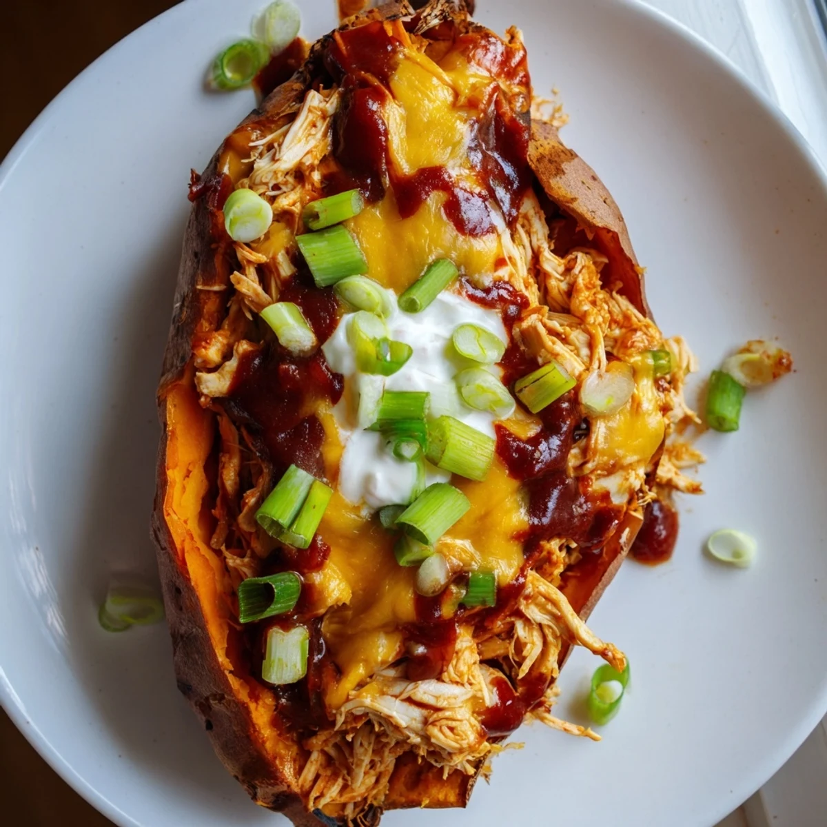 BBQ chicken stuffed sweet potatoes topped with green onions sour cream and cilantro