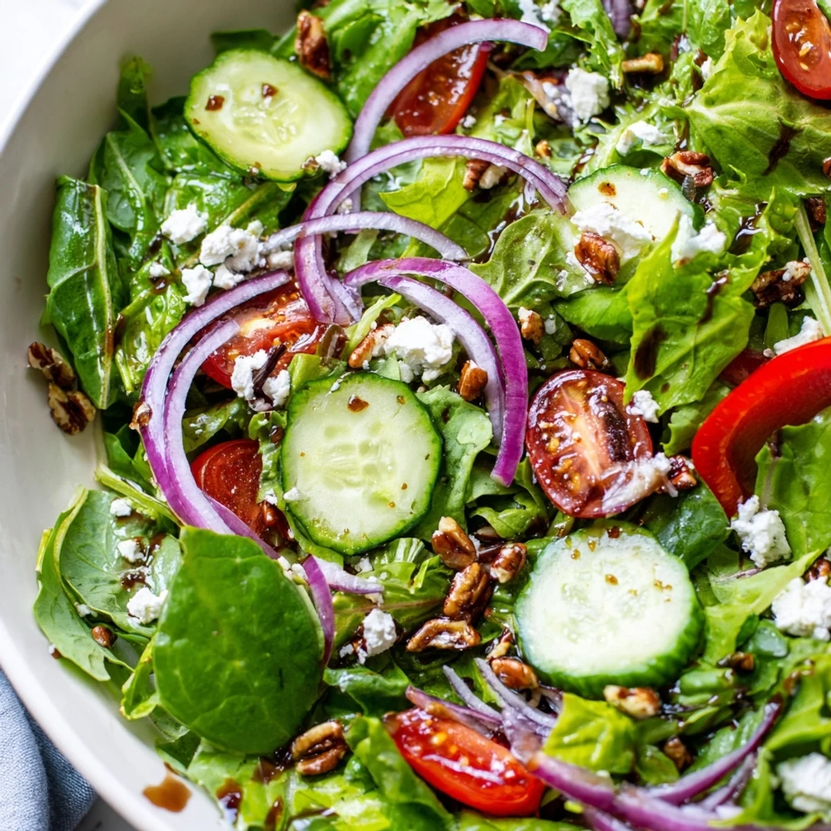 Spring mix salad recipe served in a rustic wooden bowl with crumbled feta and cherry tomatoes