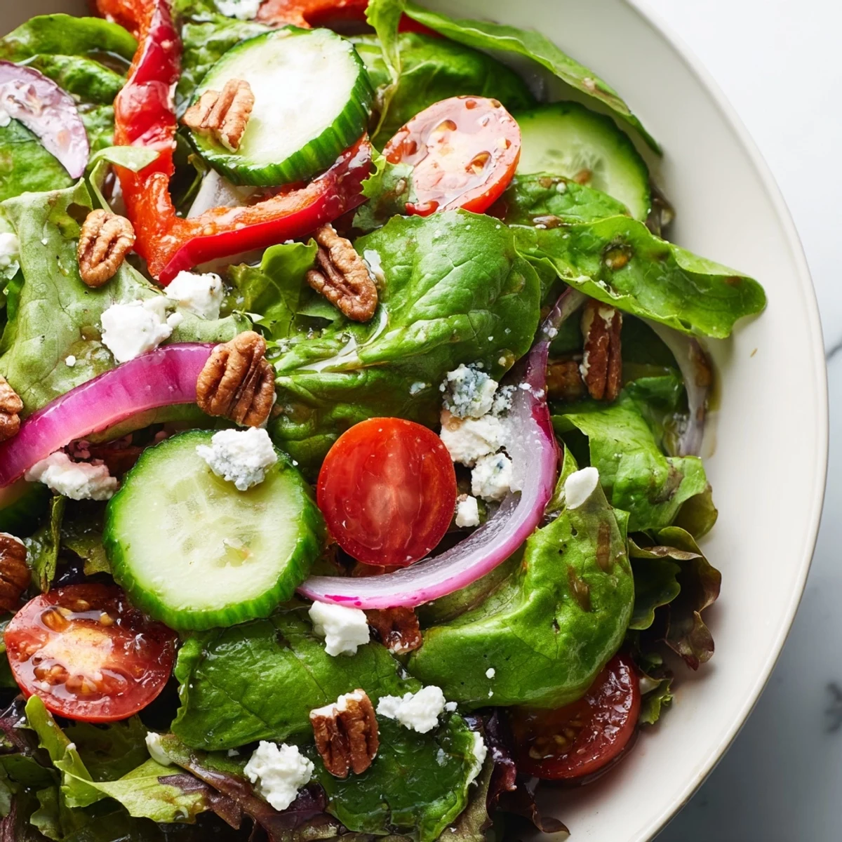 A vibrant spring mix salad recipe topped with colorful crisp vegetables and tangy vinaigrette