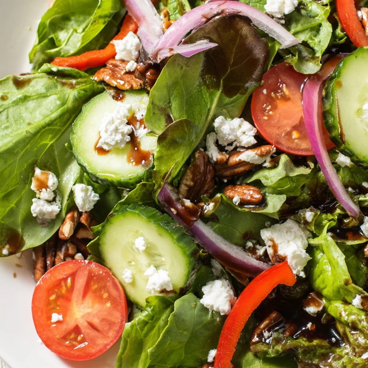 Fresh spring mix salad recipe featuring tender baby greens drizzled with sweet balsamic dressing