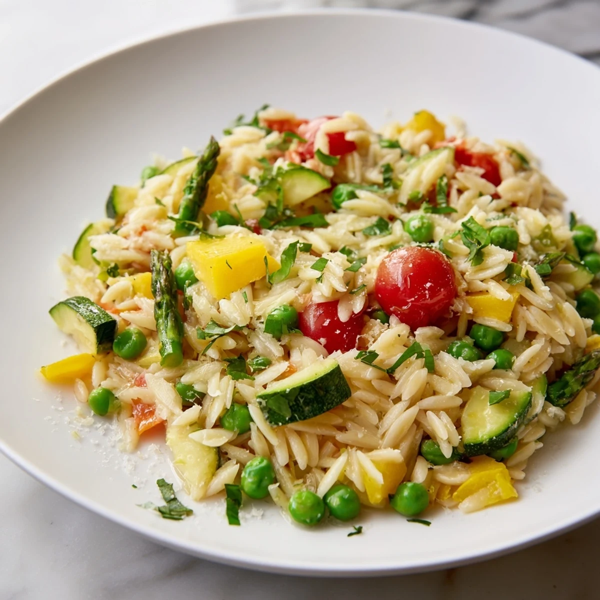 Creamy Orzo Primavera tossed with crisp spring vegetables and fragrant fresh basil