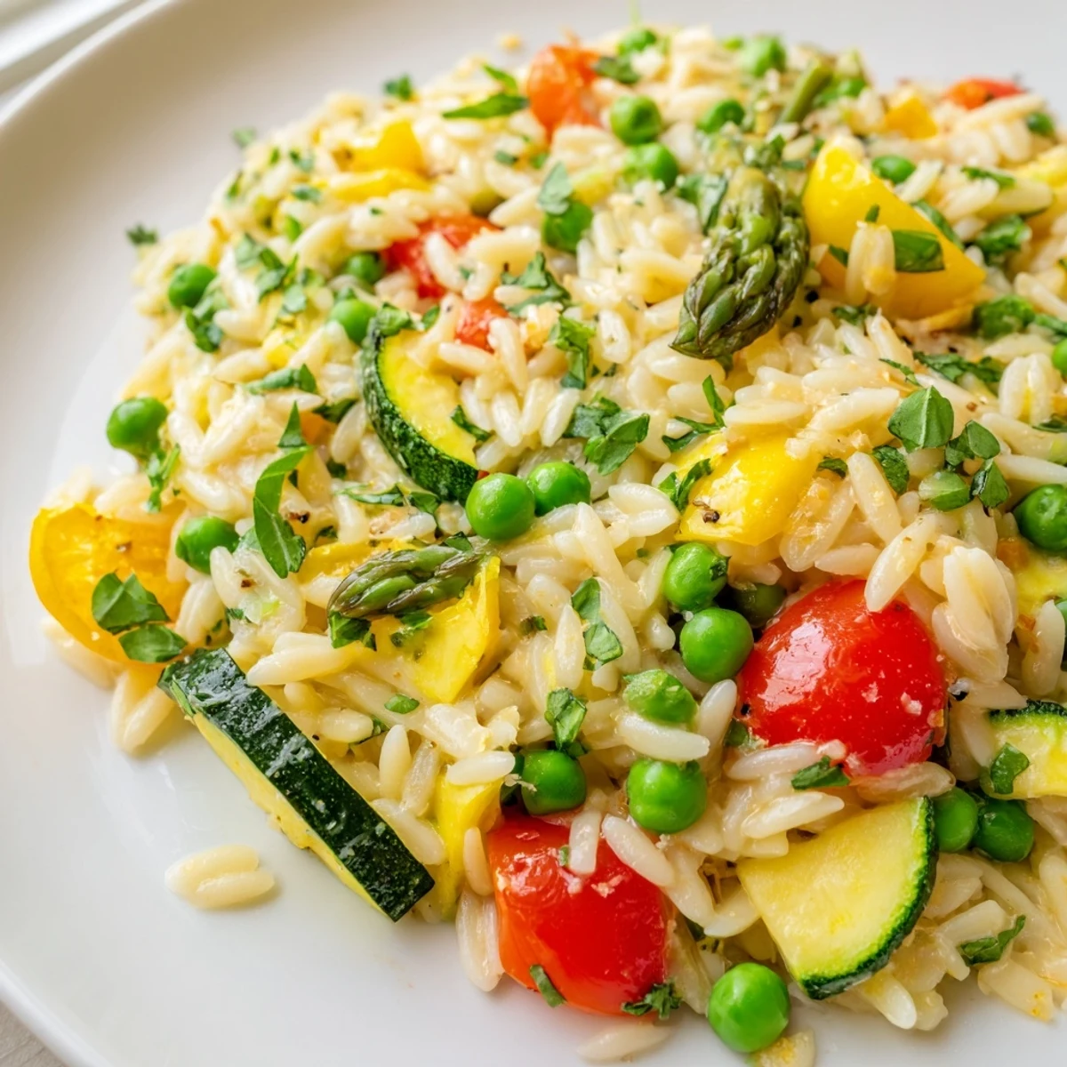 Colorful Orzo Primavera served in a white bowl with melted Parmesan on top