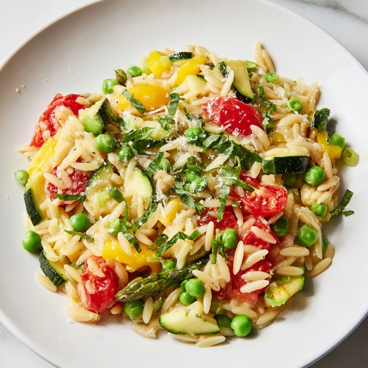 Steaming plate of Orzo Primavera with bright cherry tomatoes, tender asparagus, and lemon
