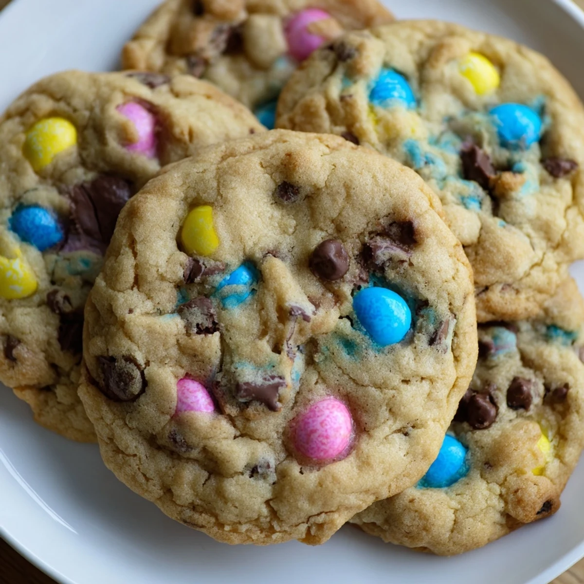 Soft chewy Cadbury Egg Cookies with colorful candy pieces on rustic white plate