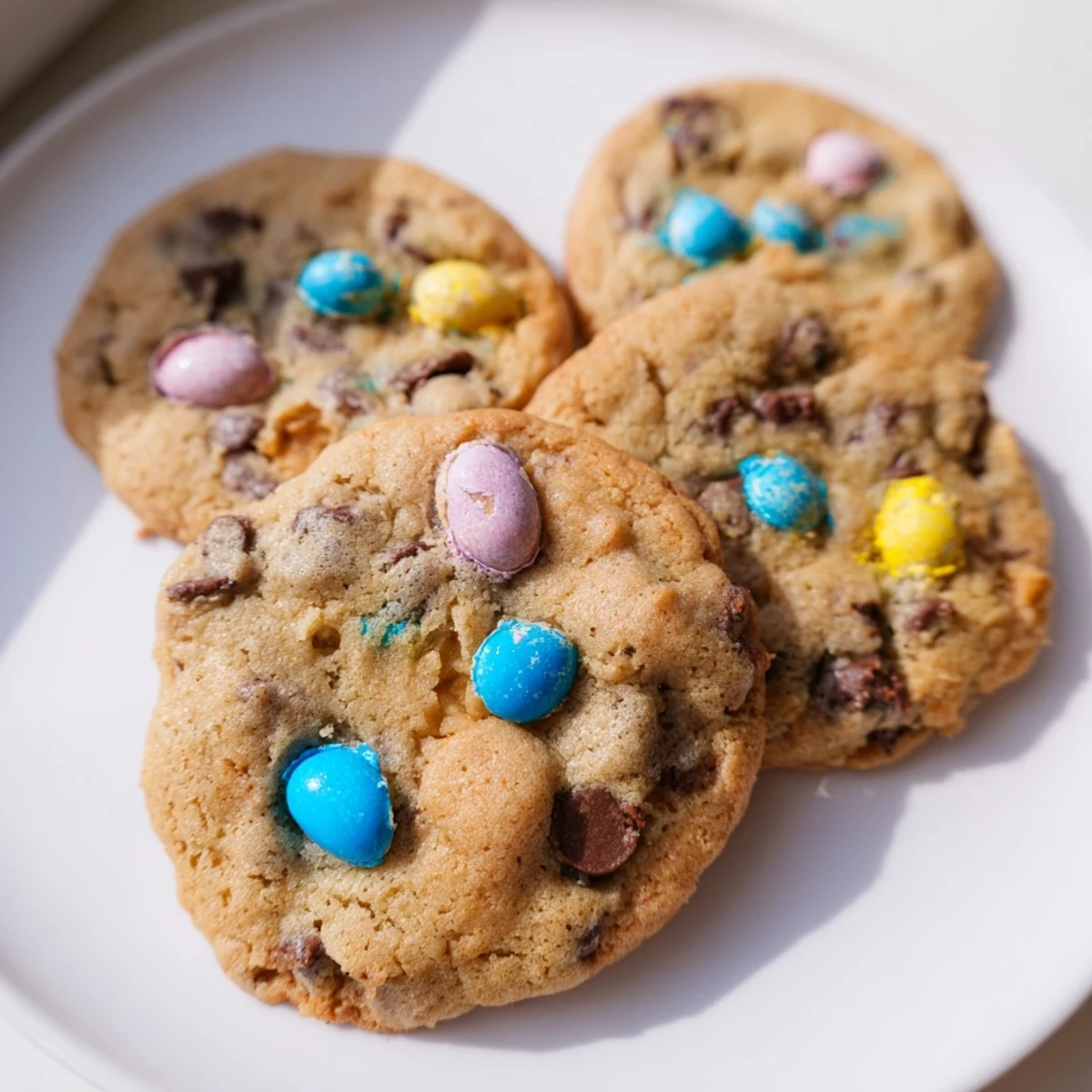 Golden brown Cadbury Egg Cookies fresh from oven with melty chocolate chips