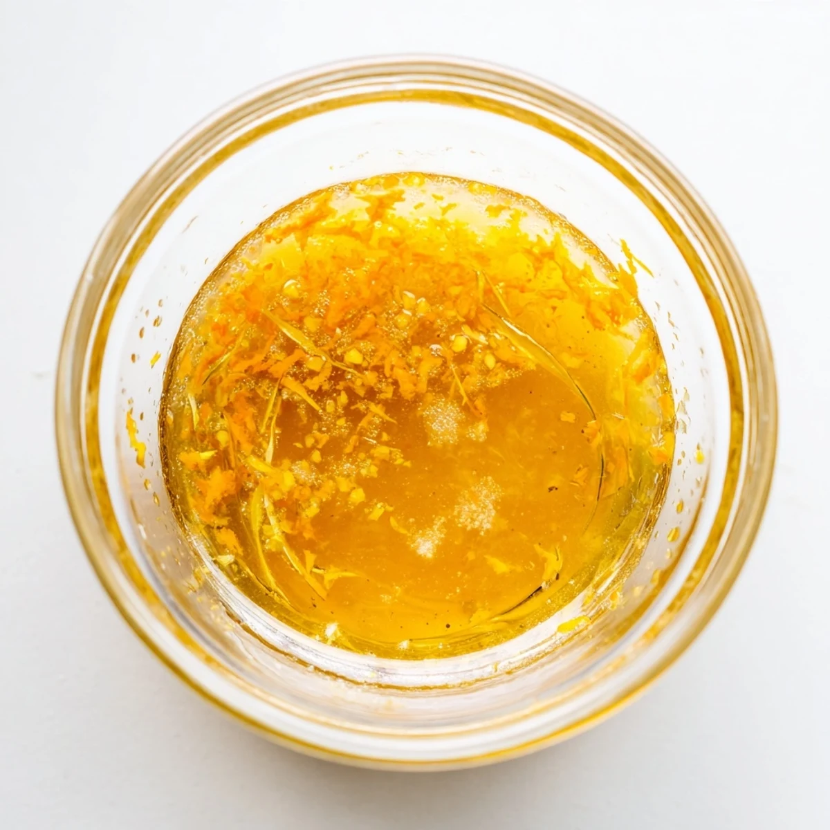 Bright homemade citrus vinaigrette glistening in sunlight with visible lemon zest and a smooth emulsified texture