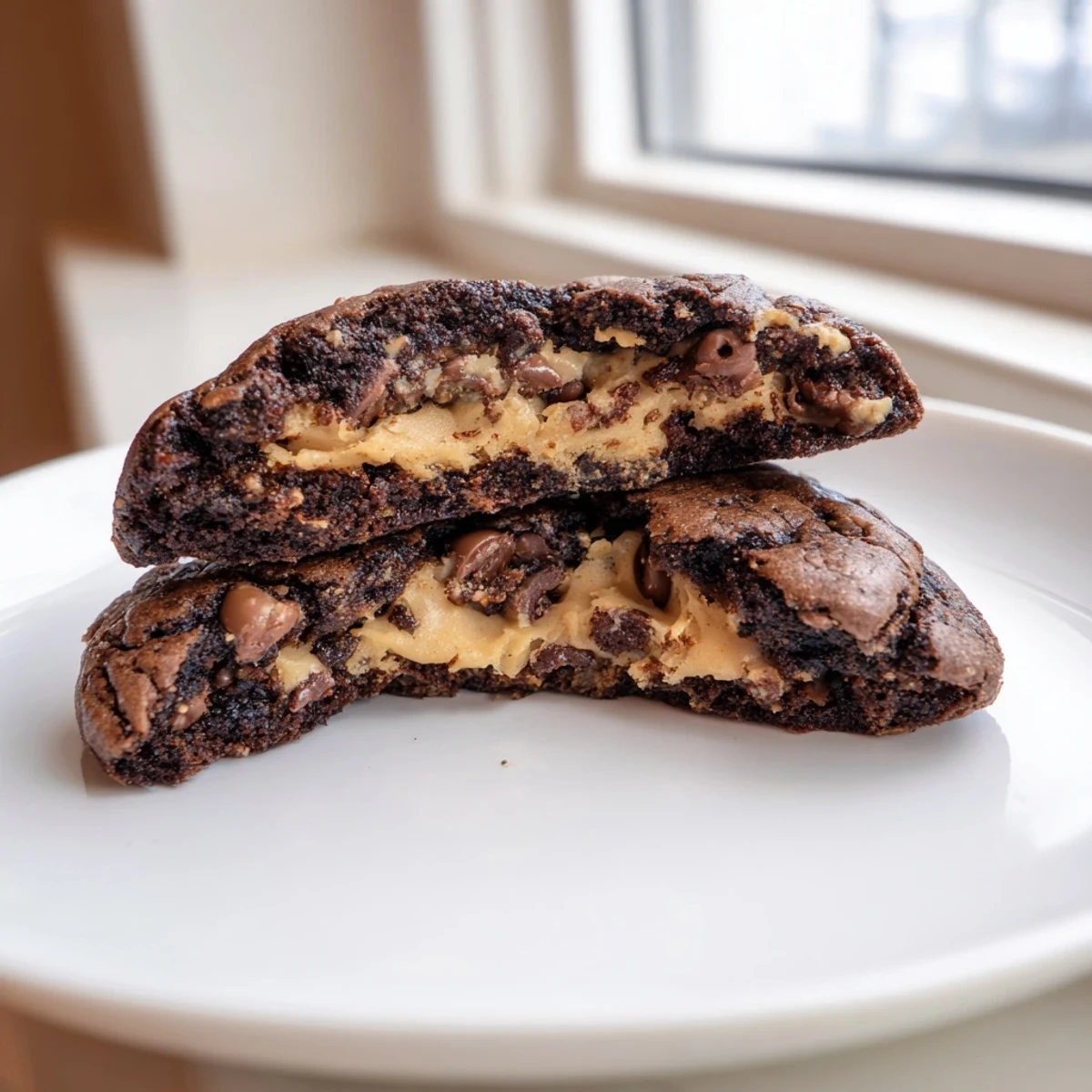 Fudgy brownie cookies stuffed with cookie dough on rustic wooden baking sheet