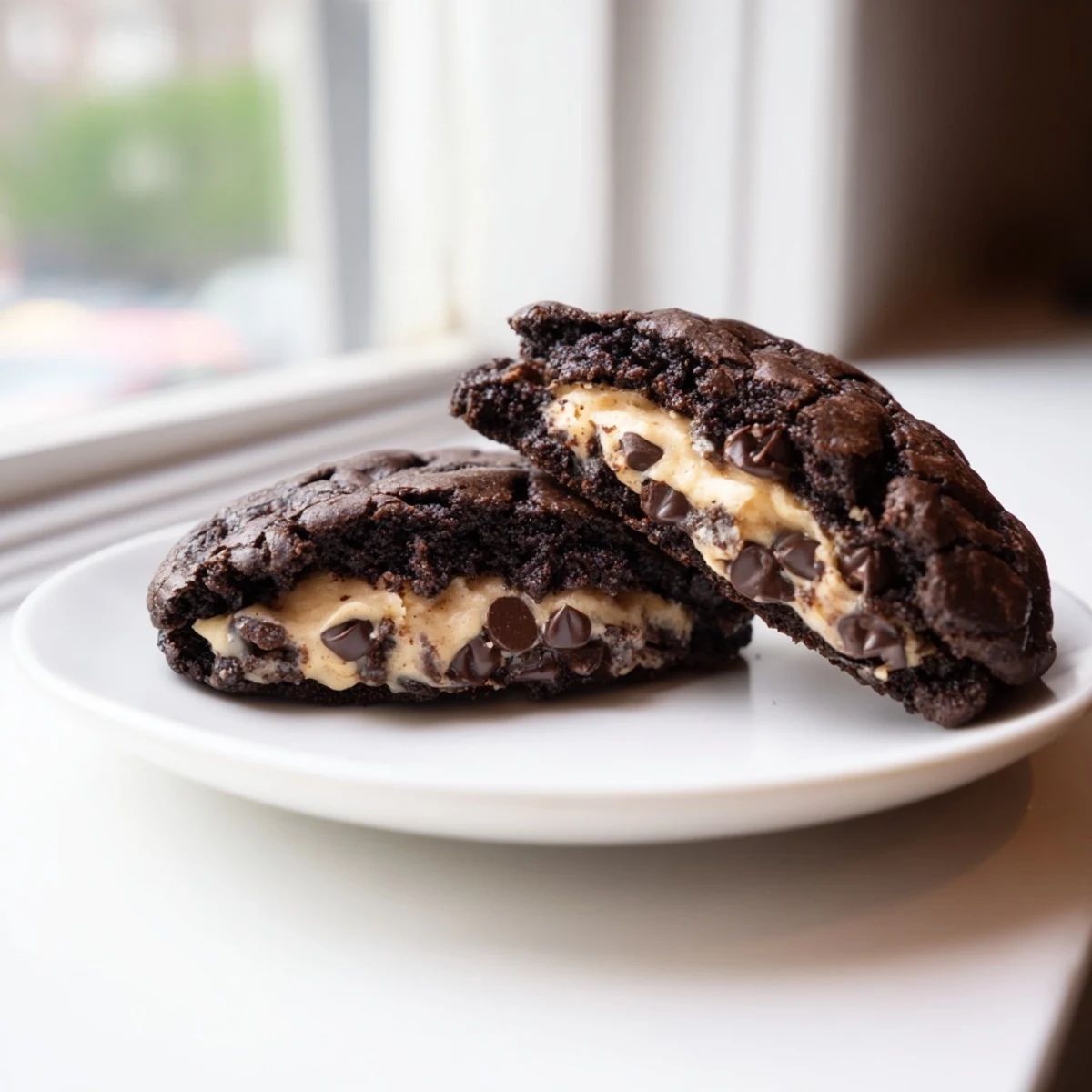 Crackly topped fudgy brownie cookies stuffed with cookie dough cooling on wire rack