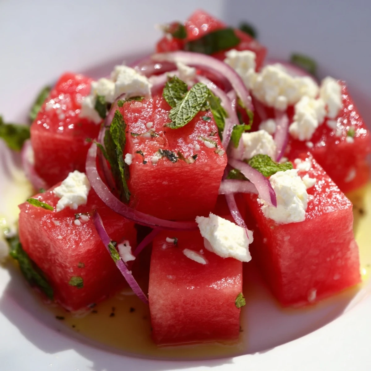 Juicy watermelon feta salad with cucumber, mint, and tangy lime dressing in a white bowl