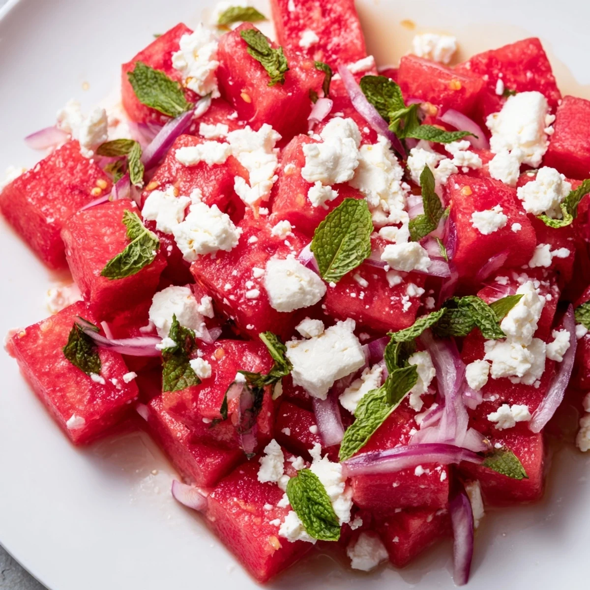 Refreshing watermelon feta salad topped with crumbled cheese, fresh mint, and thinly sliced red onion