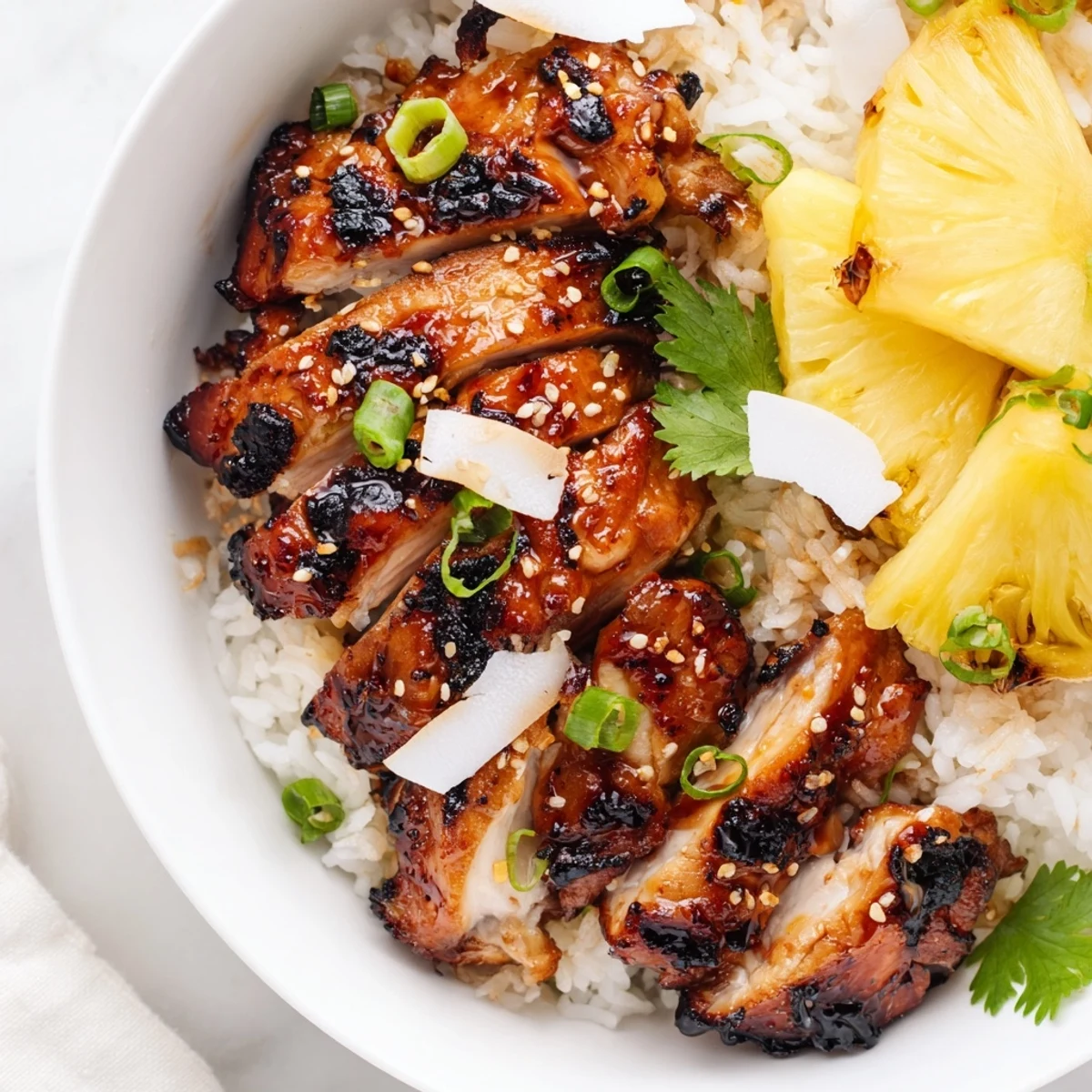Caramelized Hawaiian Chicken Coconut Rice topped with fresh pineapple chunks and green onions
