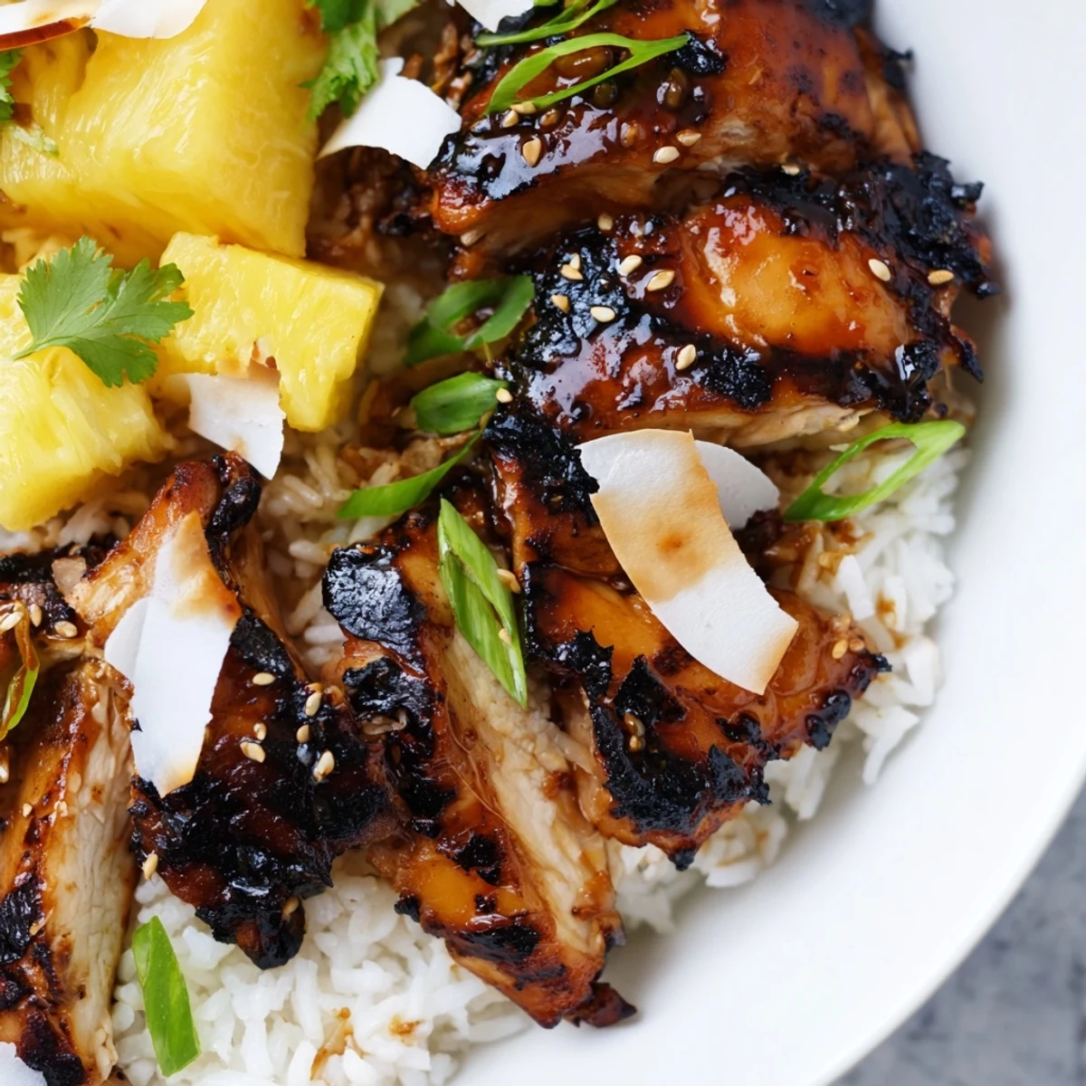 Creamy coconut rice served under glazed Hawaiian Chicken with juicy pineapple garnish
