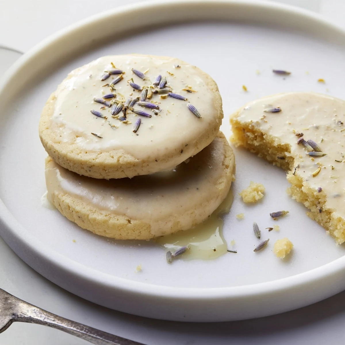 Golden lemon lavender cookies with speckled lavender buds arranged on a rustic white ceramic plate