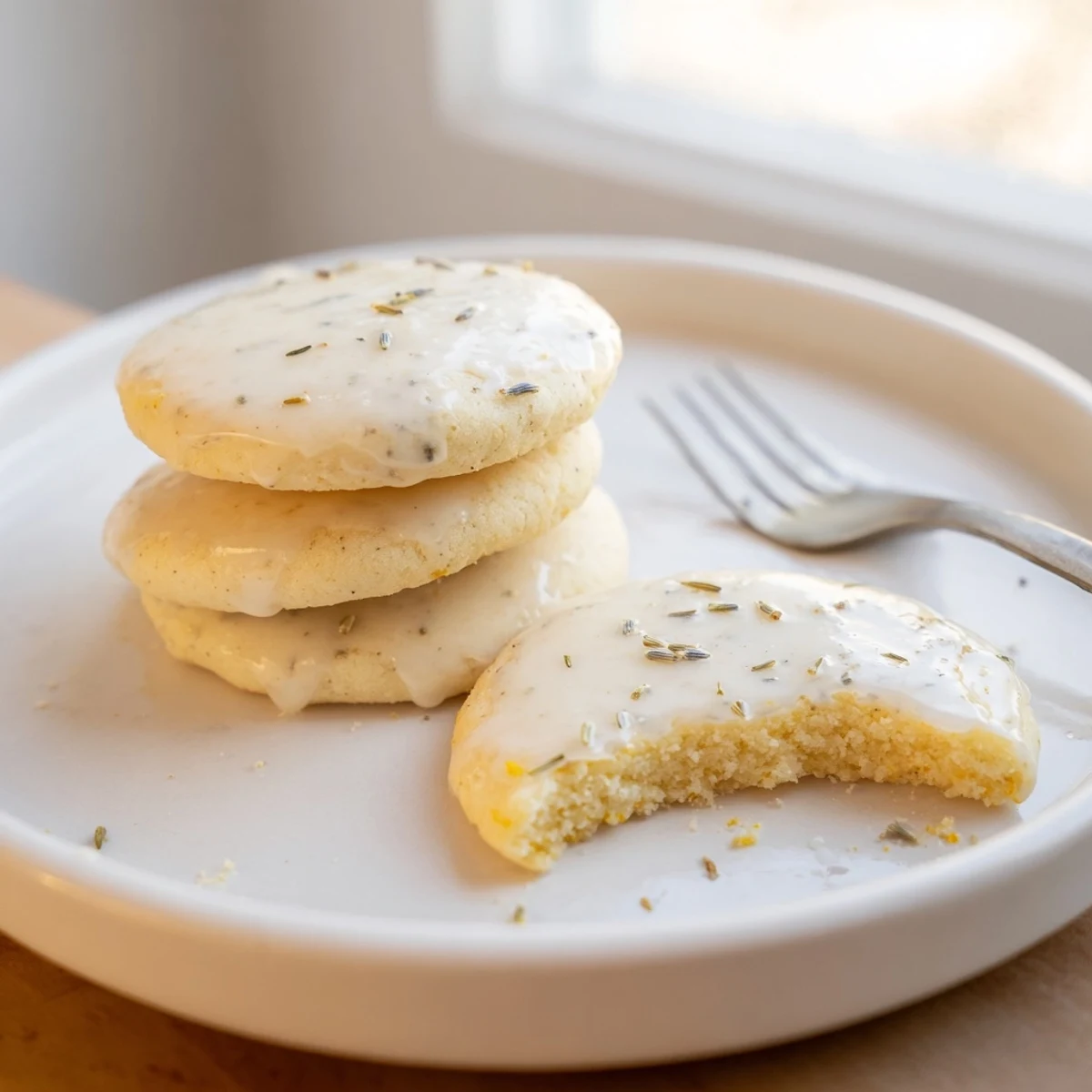 Soft lemon lavender cookies with crinkled tops and pale purple flecks beside a steaming teacup