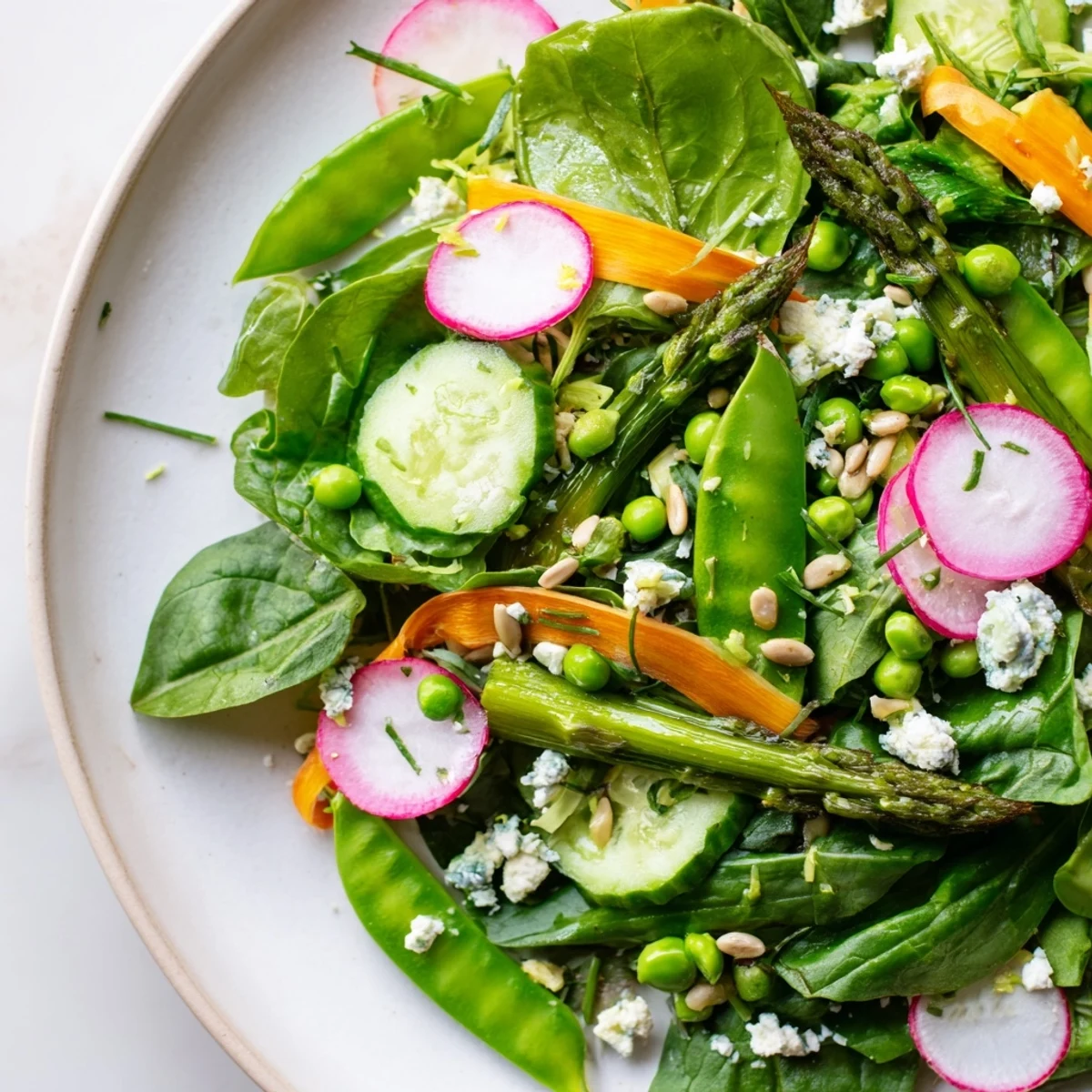 Bright spring salad with crisp radishes, tender asparagus, and crumbled feta on a white serving plate