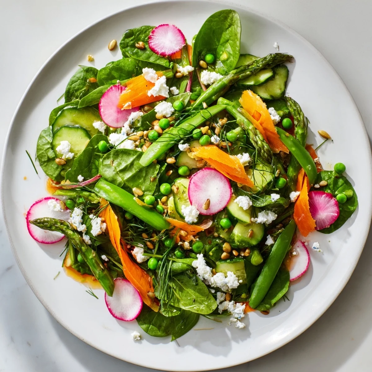 Fresh bright spring salad tossed in citrus vinaigrette featuring vibrant greens and shaved vegetables