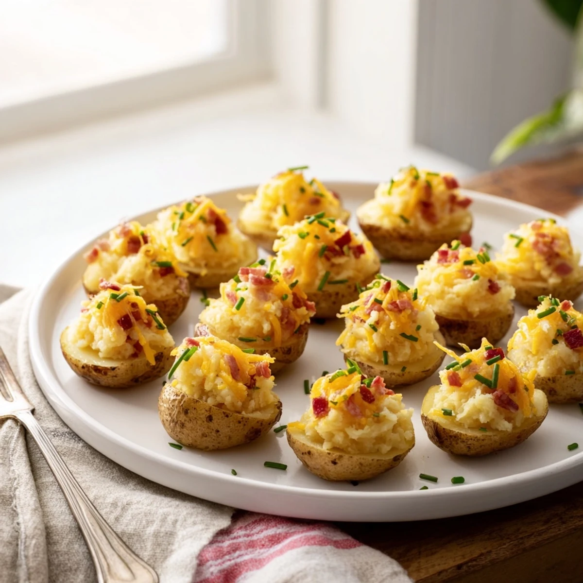 Irish Potato Bites topped with fresh chives on a rustic white serving platter