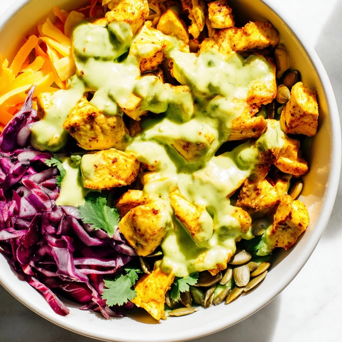 Colorful keto bowls loaded with fresh vegetables, tender chicken, and creamy avocado dressing