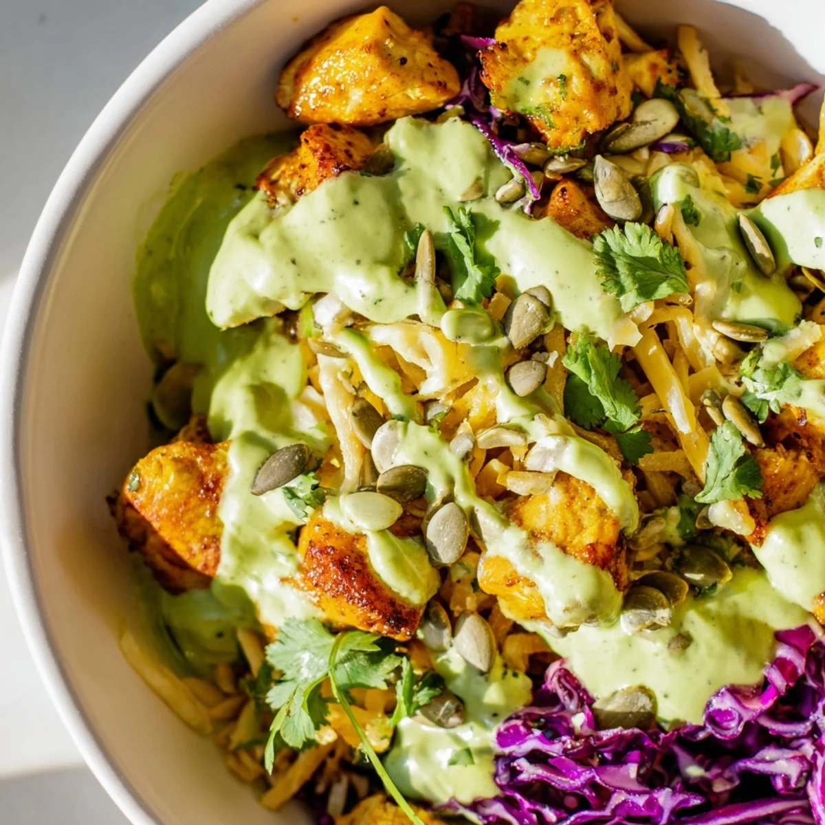 Crisp lettuce and vibrant veggies top these hearty keto bowls with spiced chicken