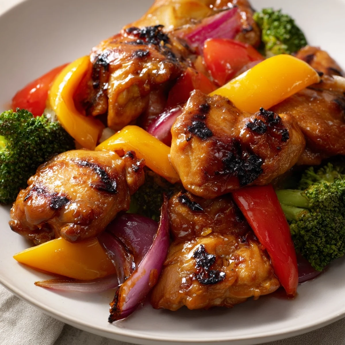 Colorful vegetable chicken stir fry sizzling in a wok with glossy sauce coating every bite