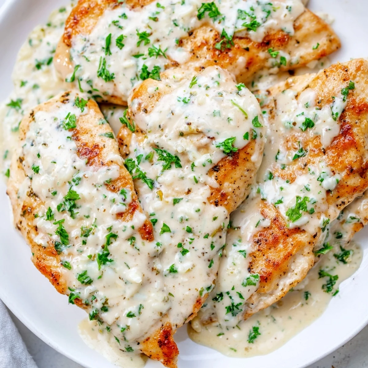 Golden seared creamy garlic chicken in a rich white sauce topped with fresh parsley