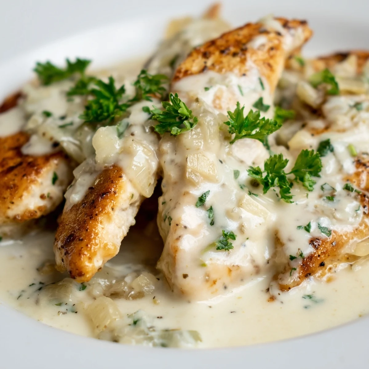 Creamy garlic chicken breasts smothered in velvety Parmesan sauce ready for serving