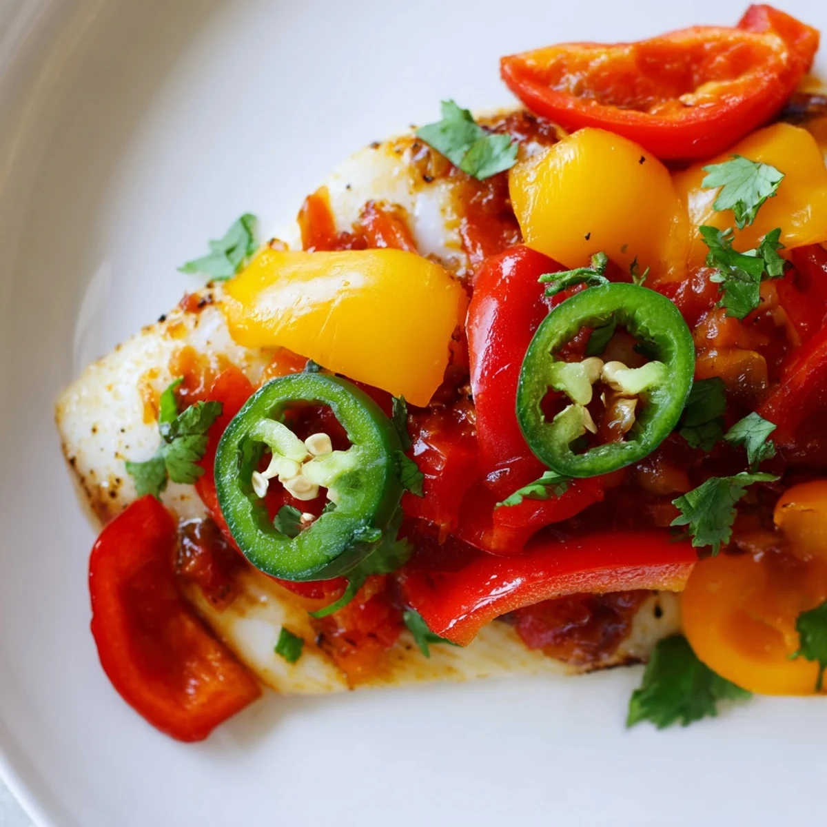 Golden tilapia fillets nestled in colorful roasted peppers and spicy tomato sauce