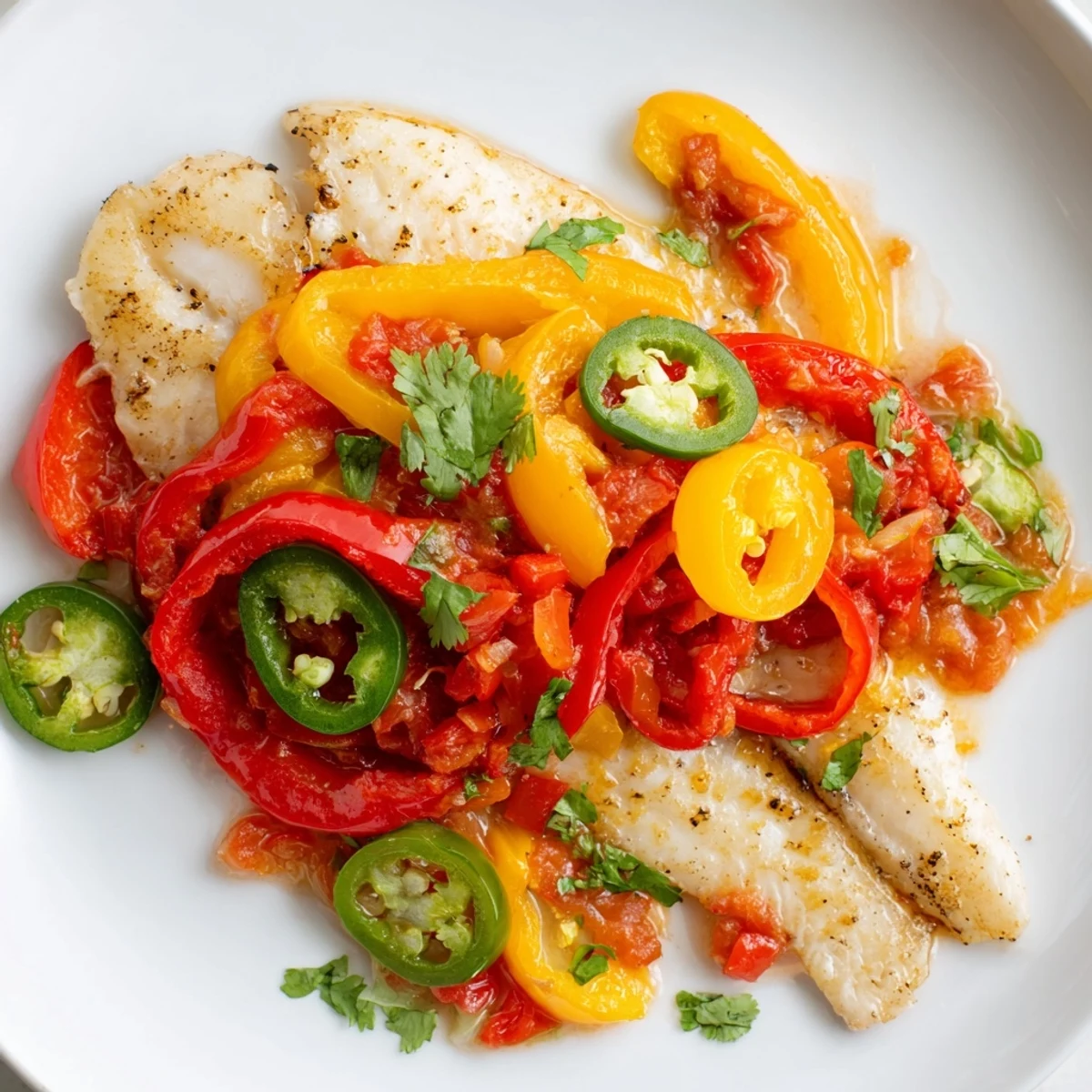 Spicy roasted pepper tilapia skillet topped with fresh cilantro and lime wedges
