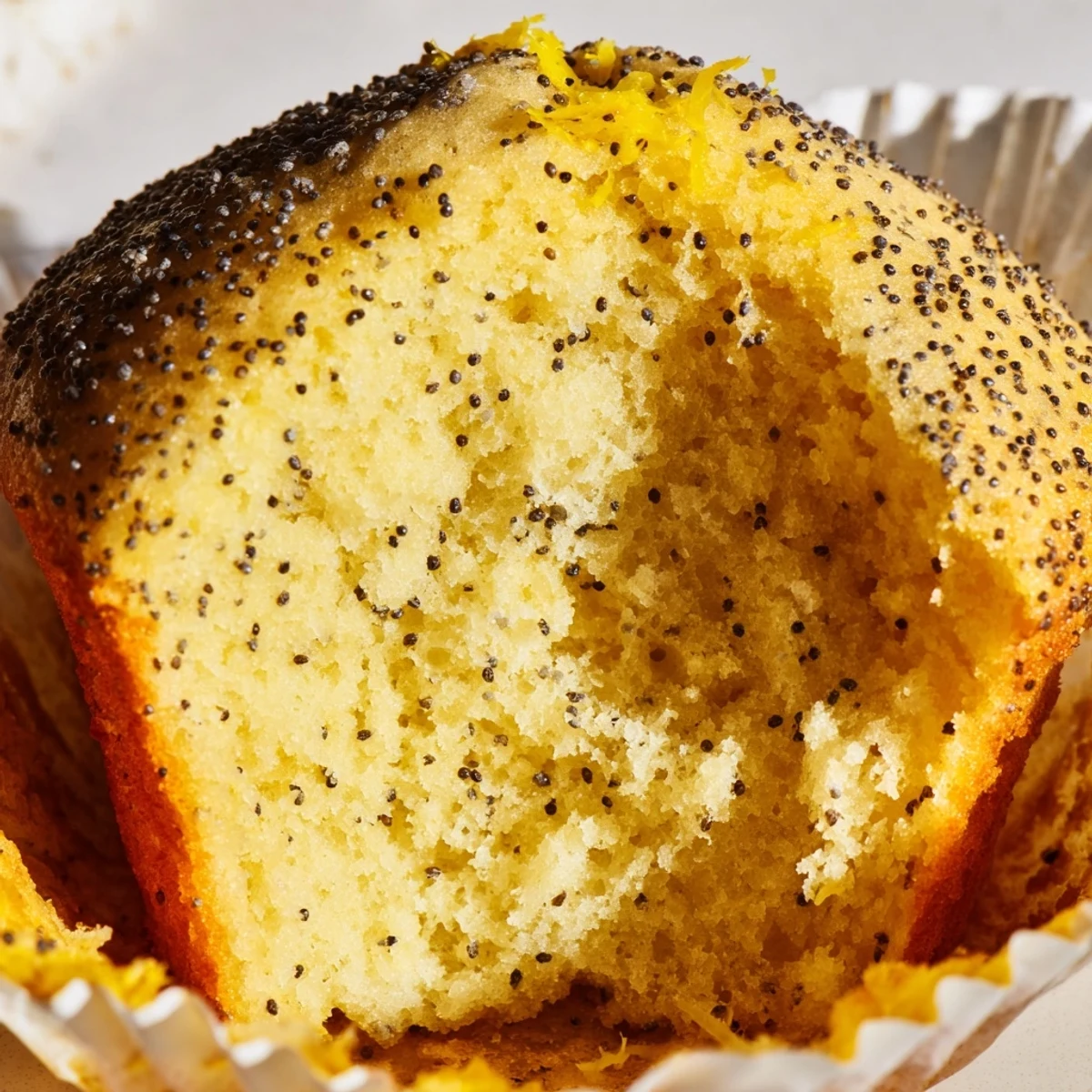 Golden lemon poppy seed muffins with domed tops fresh from the oven on a cooling rack