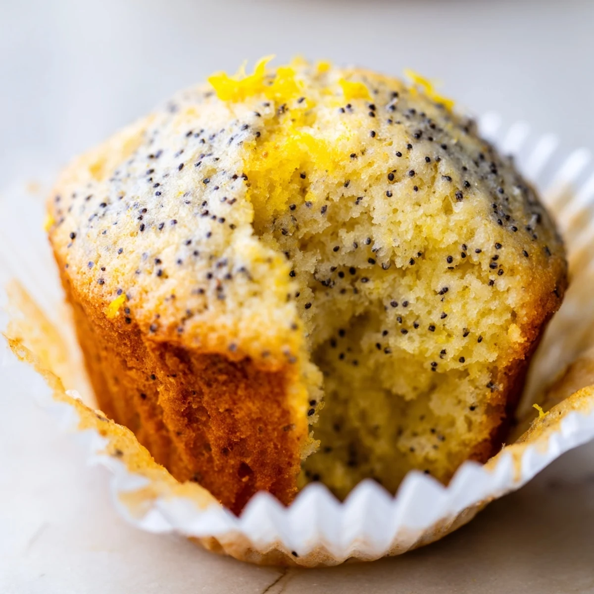 Moist lemon poppy seed muffins speckled with zest arranged on a rustic serving plate