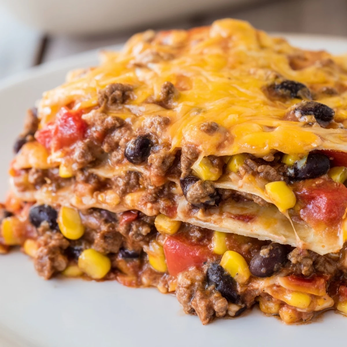 Golden melted cheese tops this Mexican lasagna with layers of seasoned beef and beans