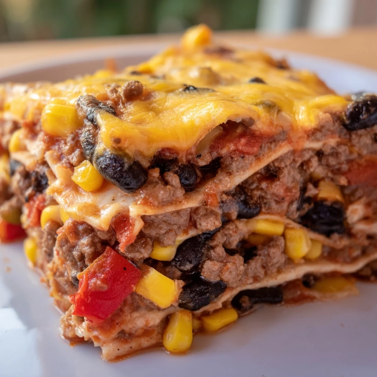 Mexican lasagna layered with spiced ground beef beans corn and gooey melted cheese