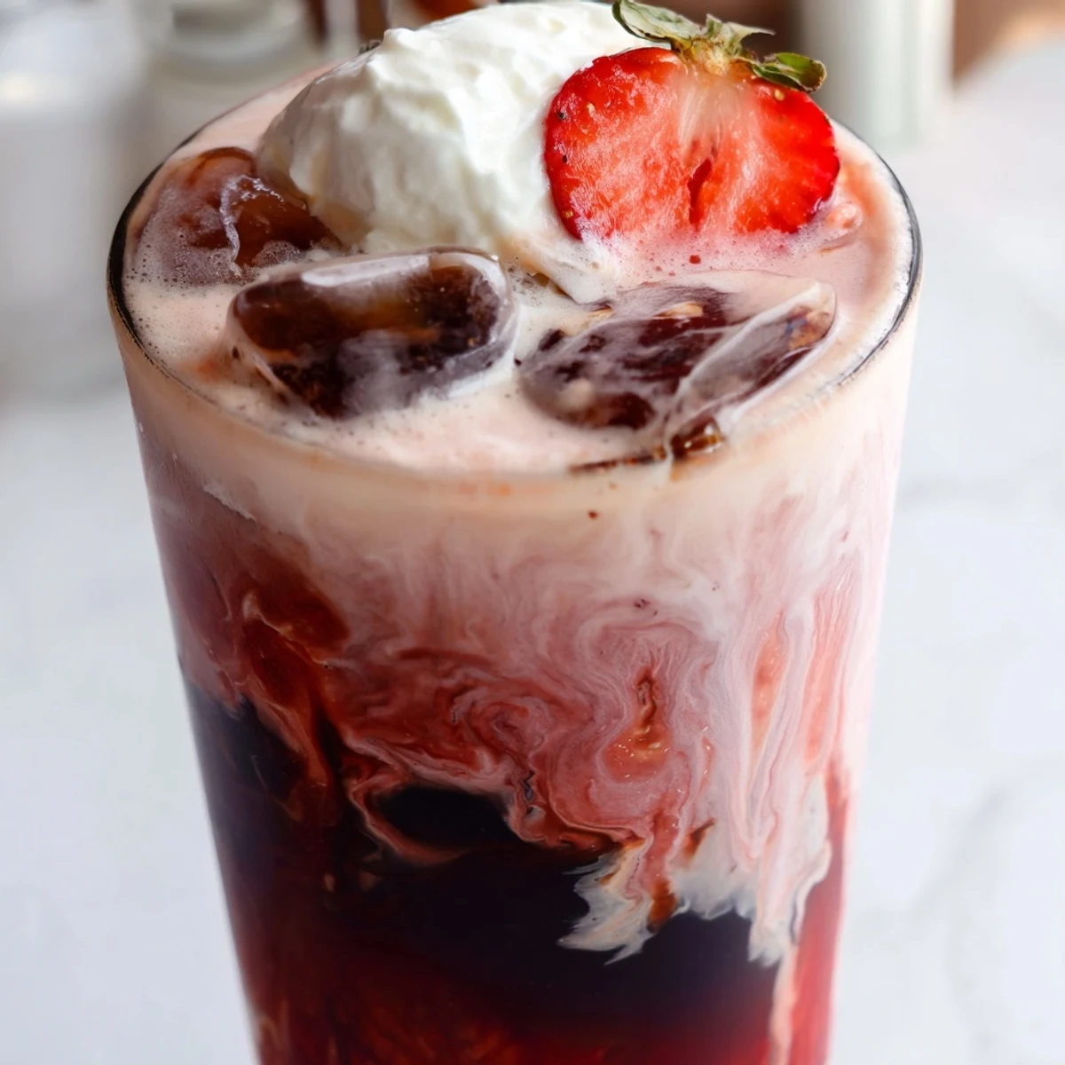 Creamy strawberry cold latte in a tall glass with swirled pink layers and ice