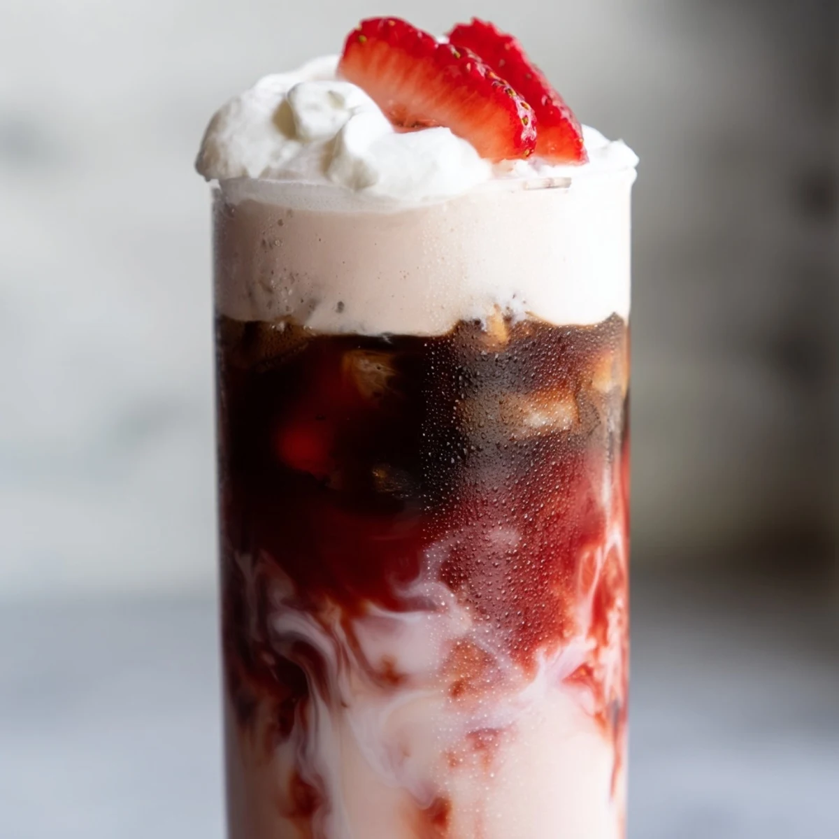 Iced strawberry cream latte topped with fluffy whipped cream and fresh berry garnish