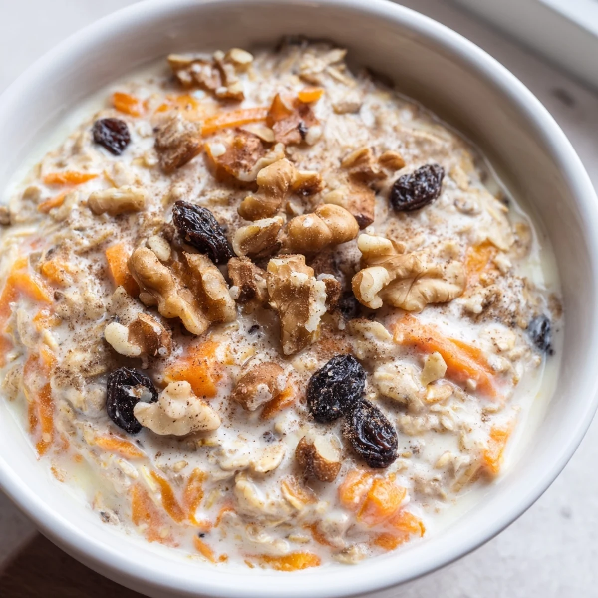 Carrot cake overnight oats in a mason jar topped with crunchy walnuts and cinnamon sprinkles
