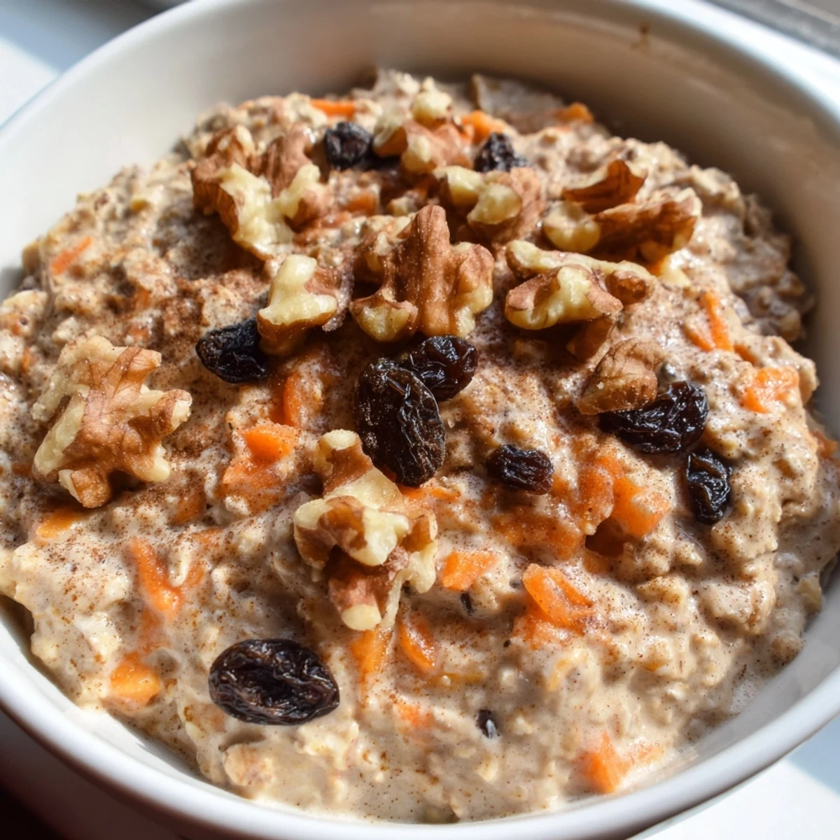 Creamy carrot cake overnight oats with grated carrots, raisins, and a generous nut topping